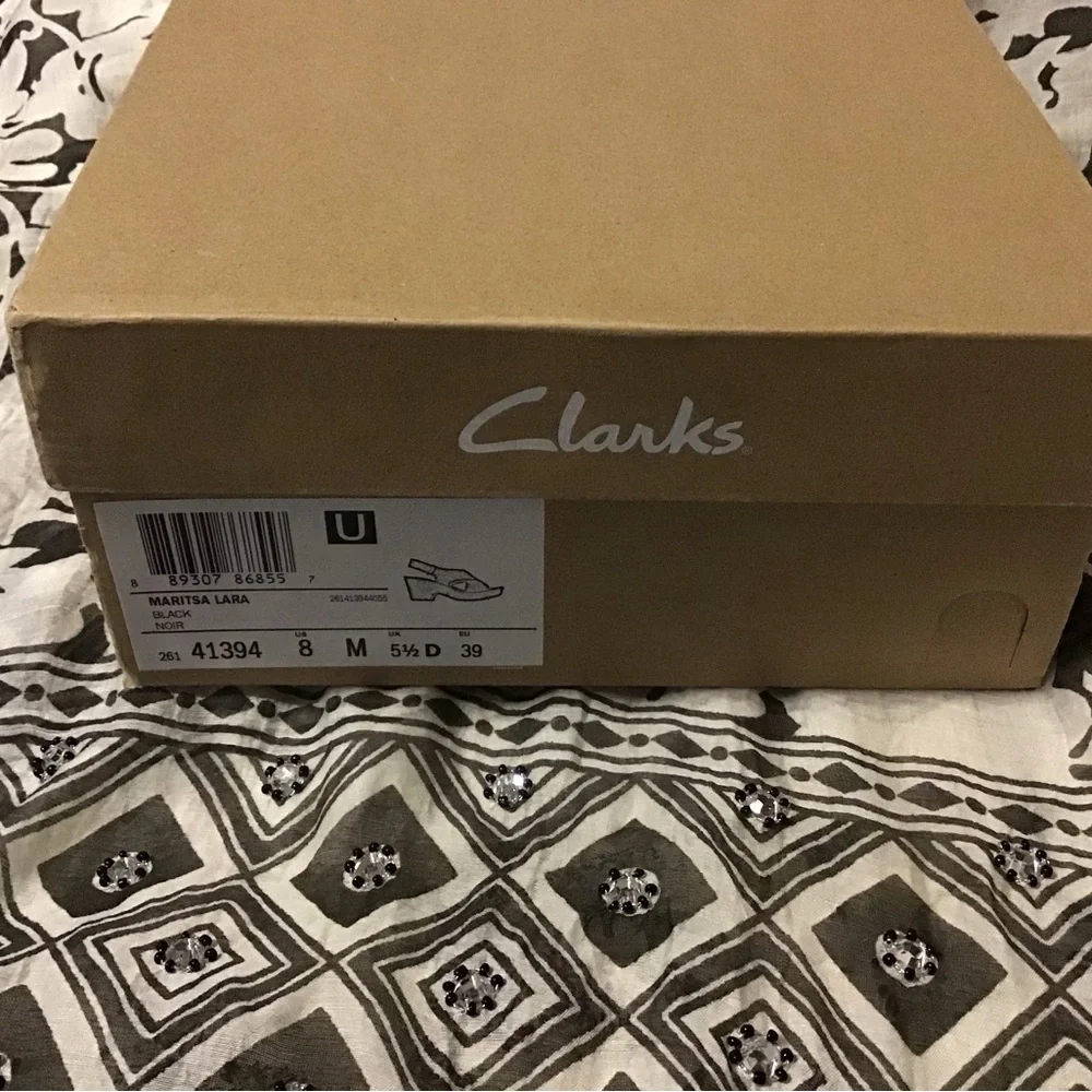 Clarks Black Leather Cross‑Strap Cork Wedge Sandals